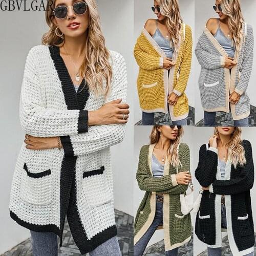 Women Casual Loose Pockets Cardigan Jacket Sweater Female Long Open Stitch Sweater Coat White Black Spring Autumn Outwear 2021