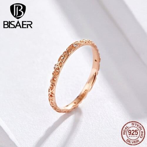 BISAER Vintage Ring Anel 925 Sterling Silver Retro Pave Finger Rings for Women Rose Gold Color Wedding Ring Jewelry ECR514