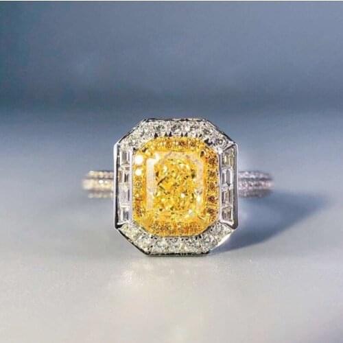 Luxury Yellow Big Crystal Princess Square Doubic Color Ring For Women Wedding Engagement Cut Micro Paved Shinning Jewelry Gift