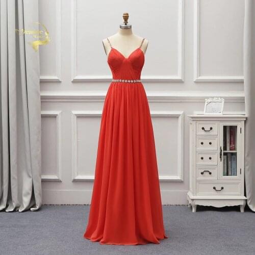 Vestido De Festa Longo Red Elegant Evening Dresses Chiffon Spaghetti Strap Women Brides Long Formal Party Gowns EV018