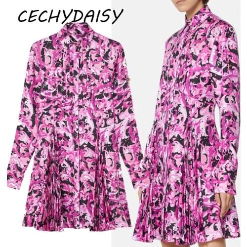 Purple Floral Printed Vintage Blouse Dress Women High Waist Turn-Down Collar Long Sleeve Mini Dresses Vestidos Femme Autumn 2021