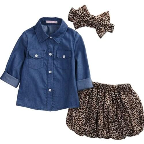 3pcs Toddler Baby Girls Clothes Long Sleeve Denim Shirt+Leopard skirt+headband Kids Clothes Set Girls Spring Autumn Outfit