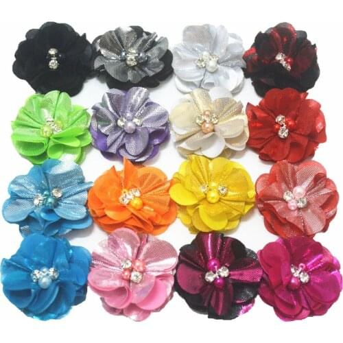 30 pcs/lot, Metallic Fabric Beaded flowers, 2.15" pearl and rhinestone flowers DIY Craft Accessories You Choose colors