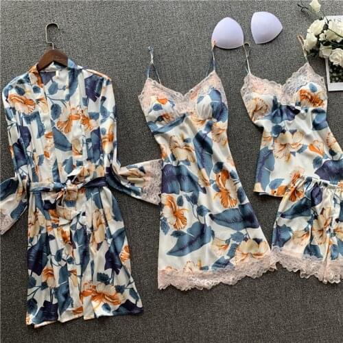 Summer 4 Pcs Set Women Pyjama Flower Satin High Quality Lace Sexy Sleepwear With Chest Pad Pajamas Sexy V-Neck Home Clothing Set