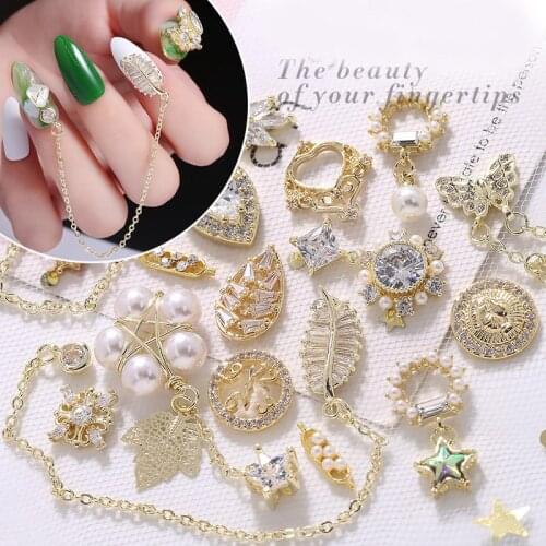5pcs Luxury Moon Star Chain Pendant 3D Nail Art Zircon Crystals Pearl Metal Manicure Nails Accessories DIY Decorations Charms