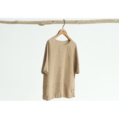 Literature and art womens 2021 summer new French Linen stone wash round neck thin simple T-shirt 0603