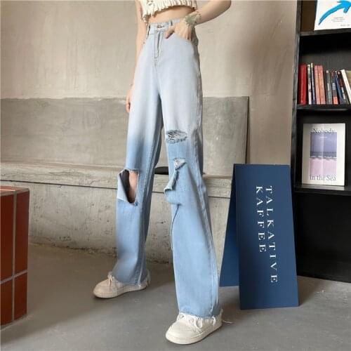 Spring and summer gradient straight jeans womens high waist loose beggar ripped pants