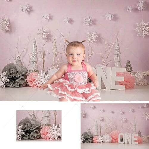 1st Birthday Newborn Cake Smash Kid Portrait Photography Backdrop Winter Snowflake Pink Girl Photo Background Christmas Decor