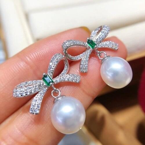 HENGSHENG Elegant 925 Sterling Silver Bowknot Earrings 9-10mm White Natural-Ocean Pearls Stud Earrings For Women Fine Jewelry