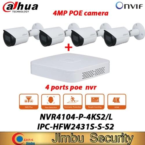 Dahua Kit nvr security camera system NVR4104-P-4KS2/L 4 Ports poe nvr and 4mp bullet camera IPC-HFW2431S-S-S2 cctv camera kit