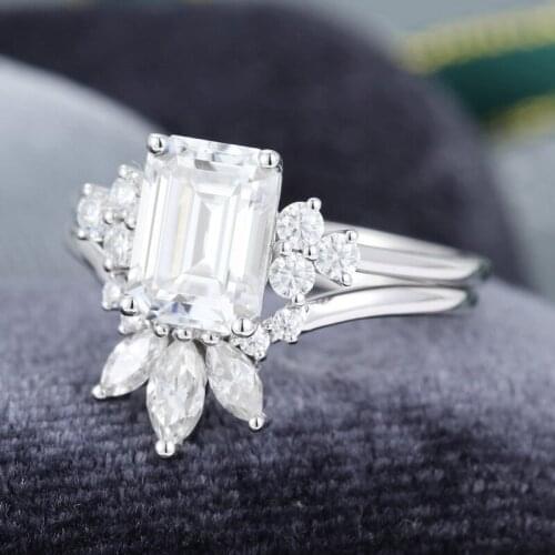 EDI Solid 14k White Gold Wedding Bridal Set Emerald Cut Cluster Moissanites Engagement Ring Natural Conflict-Free Diamond Band