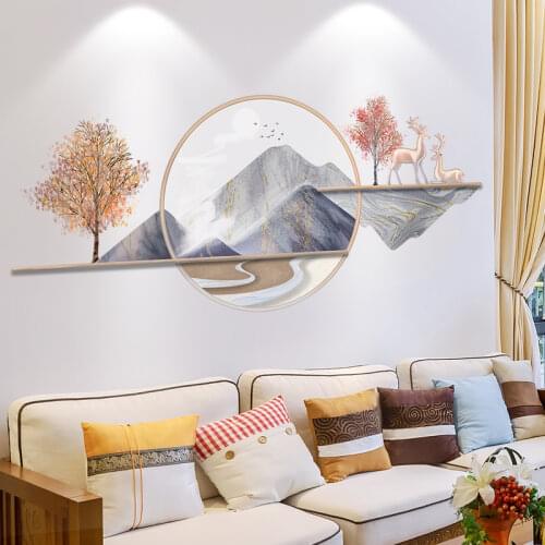[shijuekongjian] Creative Mountains Wall Stickers DIY Trees Deers Mural Decals for Living Room Bedroom House Decoration
