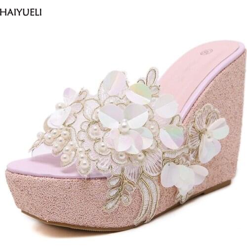 Summer sandals Beaded flowers platform wedges women slippers fashion flip flops hot bohemian national style women sandals