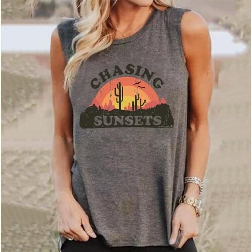 Letter Print Tank Tops Sunset Vest Women Summer Sleeveless Tee 2020 New Women Tanks Top Casual O-neck Female Tee Shirts Gray Tee