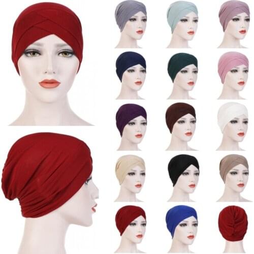 Fashion Muslim Womens Solid Color Turban Hat Stretch Front Cross Caps Islamic Soft Bottoming Cap Beanie Hat Hair Loss Cap