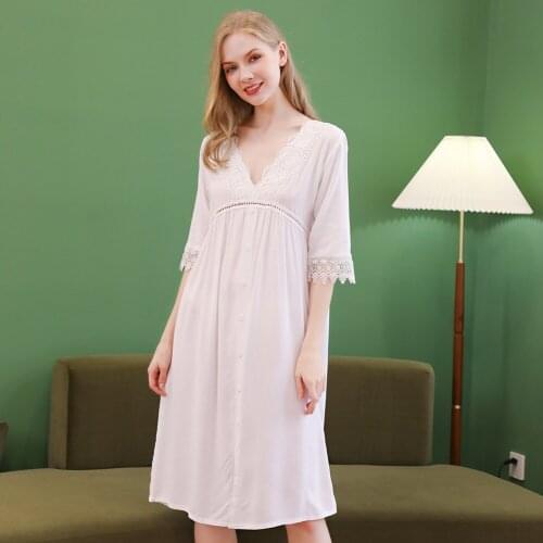 Summer Cotton Nightdress Women Court Style Lace Trim Loose Long Dresses Nightgown Sleepwear Sexy Female V Neck Casual Dress