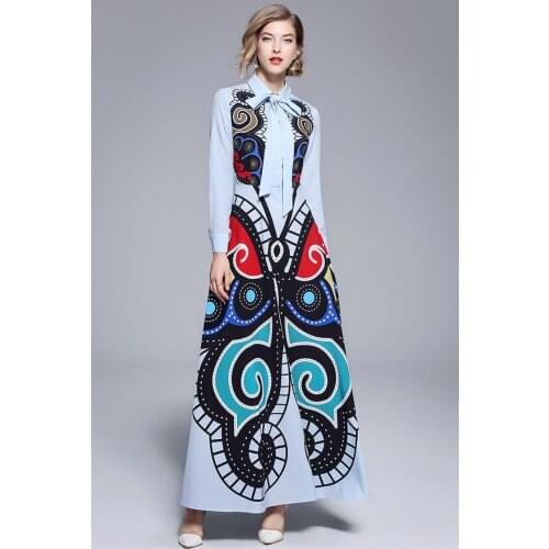 New autumn long sleeve lapel Fashion womens Bowtie elegant maxi dress D333