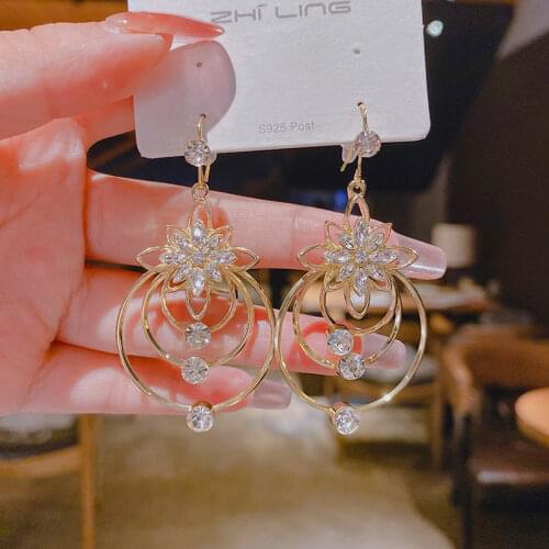 New Fashion Crystal Flower Tassel Earrings Female Three Circle High-end Temperament All-match Earrings for Women Jewelry Gifts