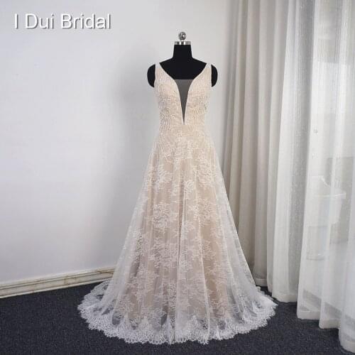 A line V Neck Wedding Dress Ivory Lace Champagne Lining Luxury Beaded Factory Real Photo Custom Make Bridal Gown