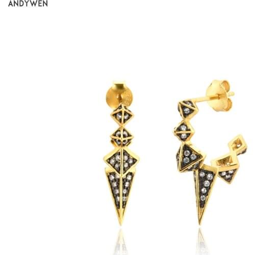 Andywen 100% 925 Sterling Silver Long Spike Black Enamel White Zircon 2020 Rock Punk Fashion Hoops Circle Earring Piercing Jewel