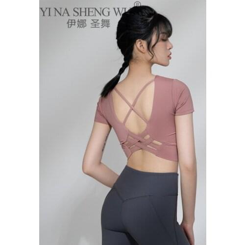 Sexy Back Cross Top Hollow Out Women Running Tops Quick-Drying Short Sleeve Yoga Shirts Summer Sports Fitness T-Shirt With Pad