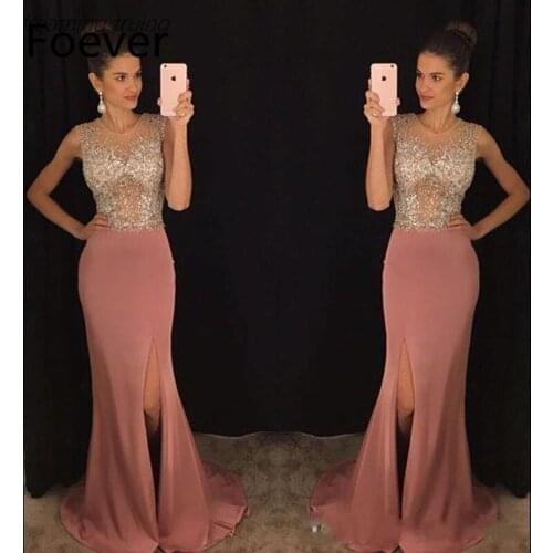 BONJEAN Off the Shoulder Mermaid Evening Dresses 2019 New O Neck Beading Crystal Formal Prom Dress Pink Chiffon Vestido de Festa