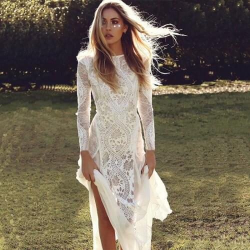 New 2020 Summer Women Long Party Dress Vintage Long Sleeve Floor Length Sexy Backless White Lace Elegant Maxi Dress Vestidos