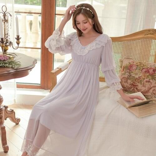 2021 Palace Style Nightdress Womens Korean Version of Sweet Mesh Embroidery Modal Long Sleeve Home Wear Sexy Nightgown