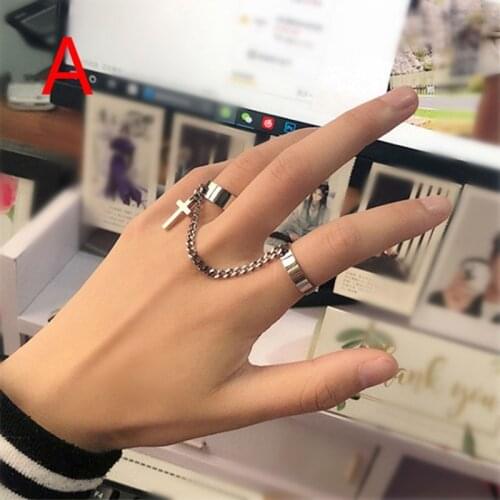 2021 Adjustable Two Link Ring Trendy Punk Hip Hop Cross Ring Finger Chain Jewelry Gift Mens Womens Gothic Jewelry Rings