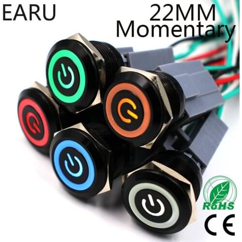 22mm Alumina Black Body Metal Push Button Switch Waterproof Momentary Reset LED Light Car Engine PC Power Mark 3 5V 12V 24V 220V