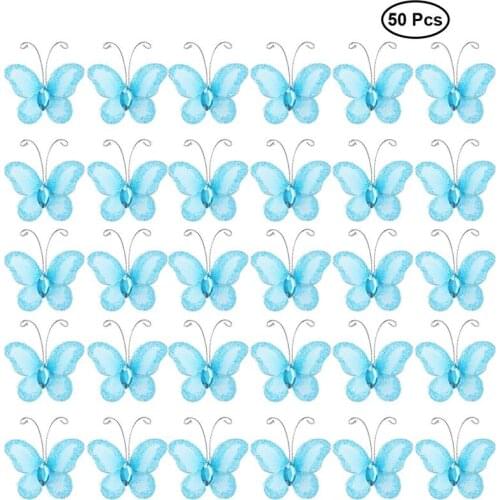 50pcs Blue Sheer Mesh Wire Glitter Butterfly with Gem wire Mesh Glitter Butterflies