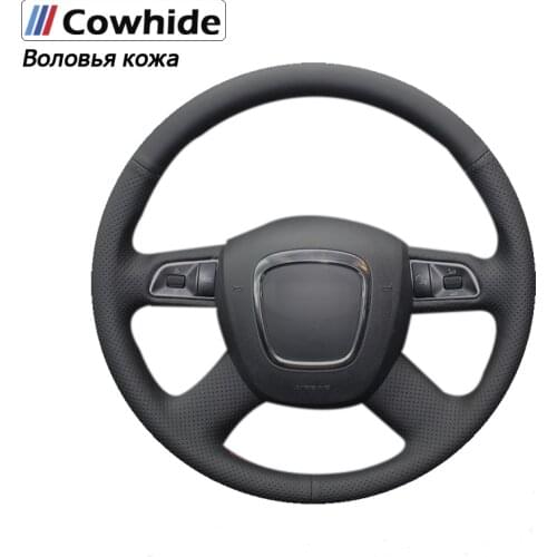 Black Genuine Leather Car Steering Wheel Cover for Audi Old A4 B7 B8 A6 C6 2004-2011 Q5 2008-2012 Q7 2005 2006 2007