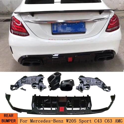 For C Class Rear Lip Diffuser Led Light with Exhaust Tips for Benz W205 C200 C300 C63 AMG 4 Door 2015-2019 ABS Bumper Guard