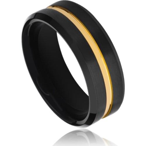 2019 New Design 8mm Width Tungsten Mens Rings Black Color Band with Gold Tones Plating Groove Finished Size 7-13