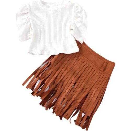 DFXD Children Girls Set New Arrival White Puff Sleeve Round Collar Knitted Top+Tassel Skirt 2PC Kids Clothes Set For 1-5Years
