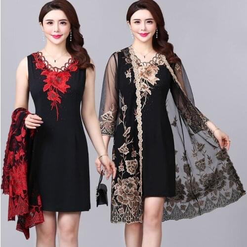Summer Spring Womens Embroidery Flower V Neck 3/4 Sleeve 2 Pieces Dress Set , Woman Fall Vintage Elegant Dresses Sets