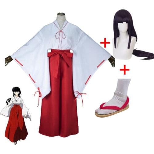 Anime Inuyasha Kikyou Cosplay Costume Womens Halloween Carnival Funny Party Costume Full Set Include Wigs Straw Sandals