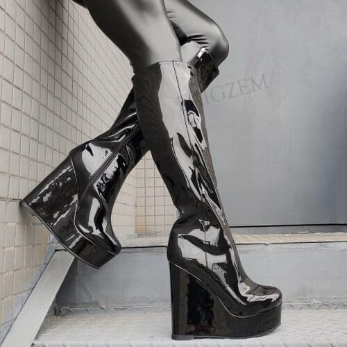LAIGZEM Women Knee High Boots Platform Wedges Full Zip Up Black Shiny Botines Mujer Female Ladies Shoes Woman Big Size 41 43 52