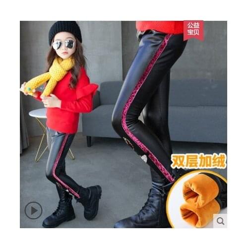 Girls plus Velvet PU Leather Pants Korean-Style Leggings girls Children Faux Leather Pants skinny panty girdle waterproof large
