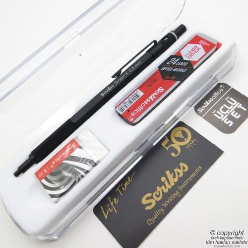 Scrikss Graph-x Matte Black 3'lü 0.5mm Student Set Boxed-İsme Special-Tip Pen + Eraser + a Box End