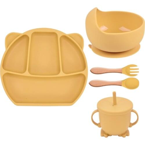 5Pcs/Set Baby Plate Set BPA Free Food Grade Silicone Baby Training Tableware Set Solid Cartoon Cute Newbown Baby Boy Girl Gifts