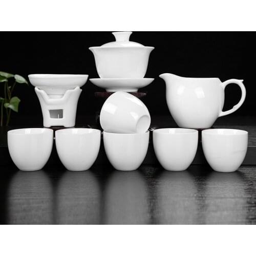 10pcs/12pcs Set Pure White Porcelain Tea Set Chinese Cover Bowl Tea Cup Gift Company Giveaway Shop Event Souvenirs