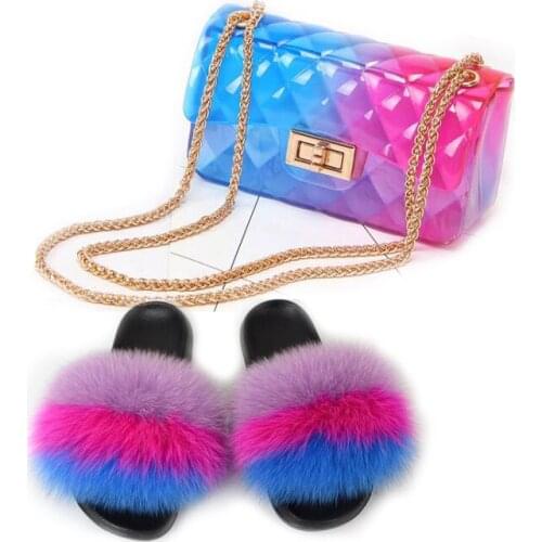 New Women Chain Rainbow Jelly Purse Set Amazing Plush Fluffy Fur Slippers Girls Phone Cosmetic Bag Furry Colorful Sandals Hot