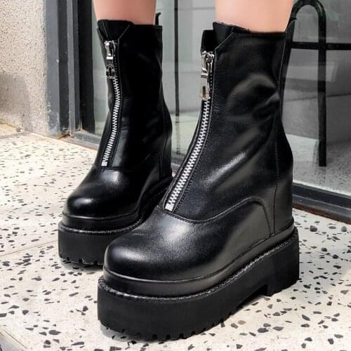 New High Platform Height Increasing Women Boots Thick Sole Handmade Genuine Leather Women Shoes Round Toe Zipper Ankle Boots