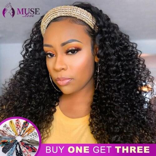 MUSE LOVE Brazilian Deep Wave Wig 180% Full Machine Made Wig 28 inch Deep Wave Headband Wig Human Hair Wigs Glueless Curly Wigs