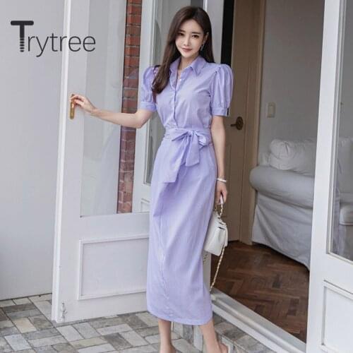 Trytree 2020 Summer Women Casual Shirt Dress Turn-down Collar Button A-line Temperament Elegant Mid-Calf Office Lady Shirt Dress
