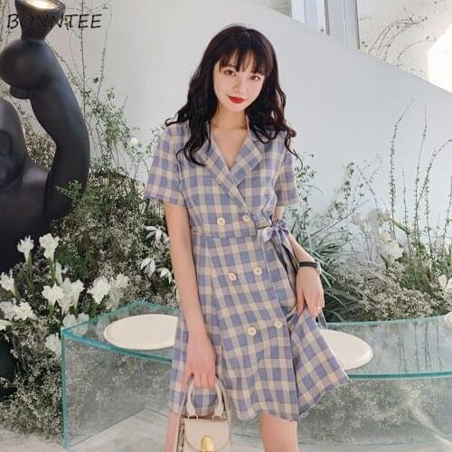 Dress Women Notched Plaid Lady Double Breasted Elegant Leisure College Retro Stylish Short Sleeve Mini Vestdios Ulzzang Female