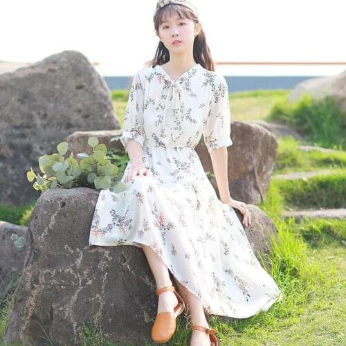 Woemn Casual Long Dresses Women Summer Literary Broken Flower Chiffon Over Knee Elastic Waist Dress Floral Printed Vintage Dress