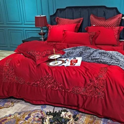 Luxury Red 100S Egyptian cotton Embroidery Wedding Bedding sets Queen King Royal Duvet cover Bed sheet set Pillowcases 4/6pcs