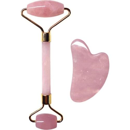 Rose Quartz Roller Slimming Face Massager Lifting Tool Natural Jade Facial Massage Roller Stone Skin Massage Beauty Care Set